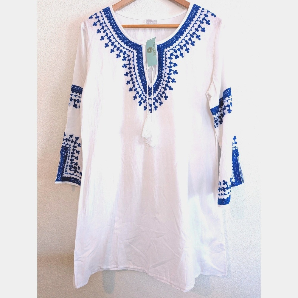 Debbie Katz Shilee Cotton Tunic Cover Up White Blue Embroidered Boho NWT L